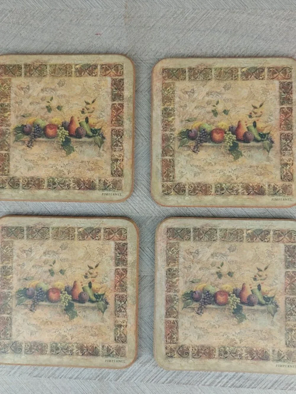 Vintage Pimpernel Square Cork-Back Coasters Lot Of 4 Renaissance Style Beige